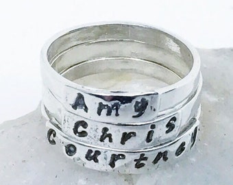 Artisan silver name rings, artisan personalized stacking rings, handmade mother's ring, grandmother rings, handmade artisan rings, gift idea