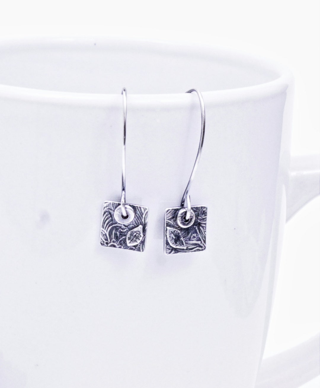Floral Square Dangle Earrings, Rustic Dainty Earrings, Modern Leaf ...