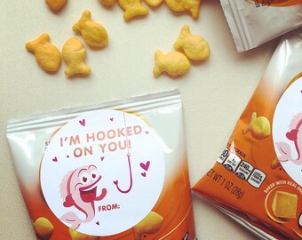 Kids Valentines "Hooked On You" Gift Tags DIGITAL FILE / Greeting Cards / Classroom Valentines - Personalized or Blank