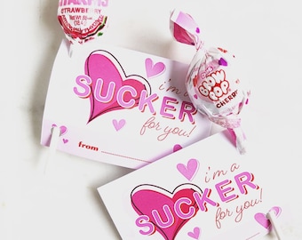 Kids Valentines "Sucker for You" Gift Tags DIGITAL FILE / Greeting Cards / Classroom Valentines - Blank Digital File