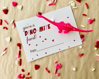Kids Valentines "Dino-Mite Friend" Gift Tags DIGITAL FILE / Greeting Cards / Classroom Valentines - Personalized or Blank
