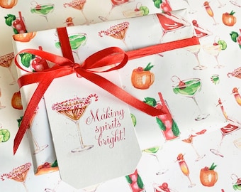 Hand Painted Christmas Cocktails “Making Spirits Bright” Gift Wrap 2-pack / 5-foot roll