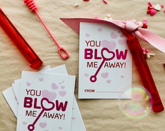 Kids Valentines "You Blow Me Away" Gift Tags DIGITAL FILE / Greeting Cards / Classroom Valentines - Blank Digital File