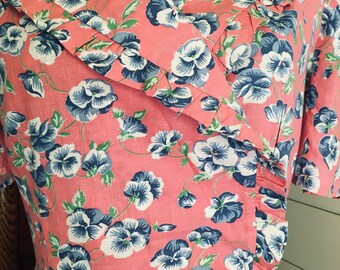 hawaiian print 1X 46 bust 40 waist vintage 1940s 1950s plus size cotton day dress polynesian