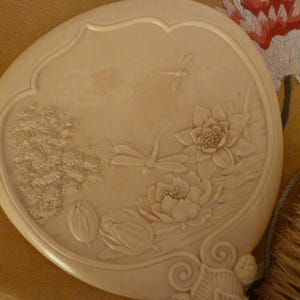 Antique Victorian Celluloid Brush and Mirror Set Dragonflies Butterflies Lily pads 1900's image 3