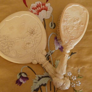 Antique Victorian Celluloid Brush and Mirror Set Dragonflies Butterflies Lily pads 1900's image 1