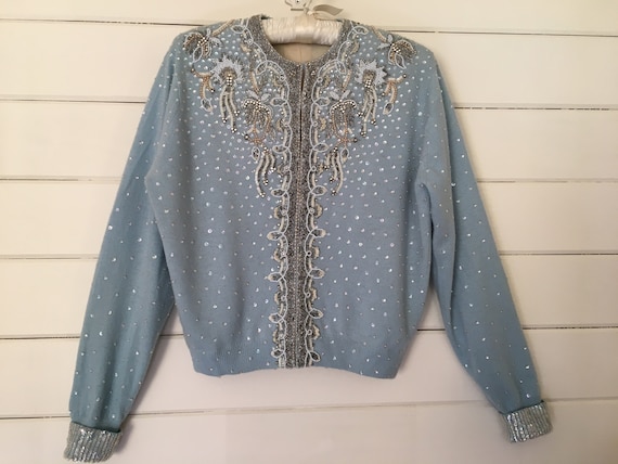 Vintage 1950's Cashmere Heavily Beaded Blue Sweate