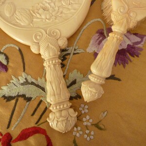Antique Victorian Celluloid Brush and Mirror Set Dragonflies Butterflies Lily pads 1900's image 4
