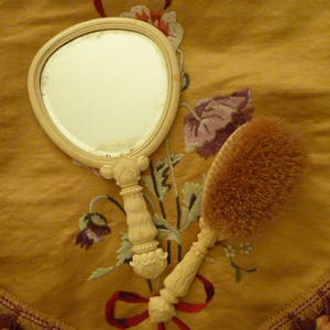 Antique Victorian Celluloid Brush and Mirror Set Dragonflies Butterflies Lily pads 1900's image 5
