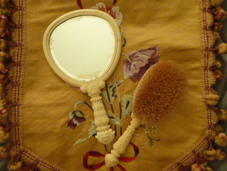 Antique Victorian Celluloid Brush and Mirror Set Dragonflies Butterflies Lily pads 1900's image 5