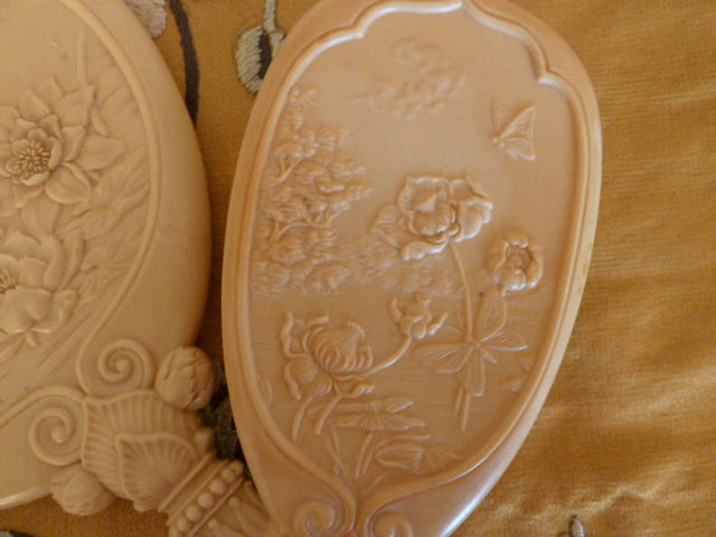 Antique Victorian Celluloid Brush and Mirror Set Dragonflies Butterflies Lily pads 1900's image 2