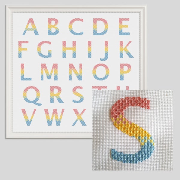 Borduurpatroon groot alfabet, ABC in kruissteek, pastelkleuren