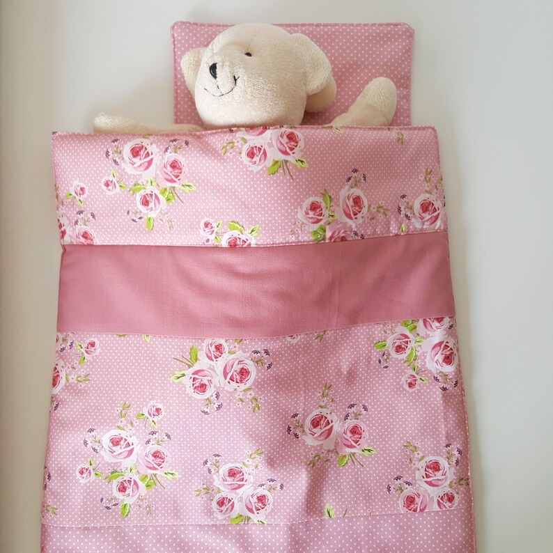 Dolls blanket and pillow for dolls pram with pink roses en Etsy