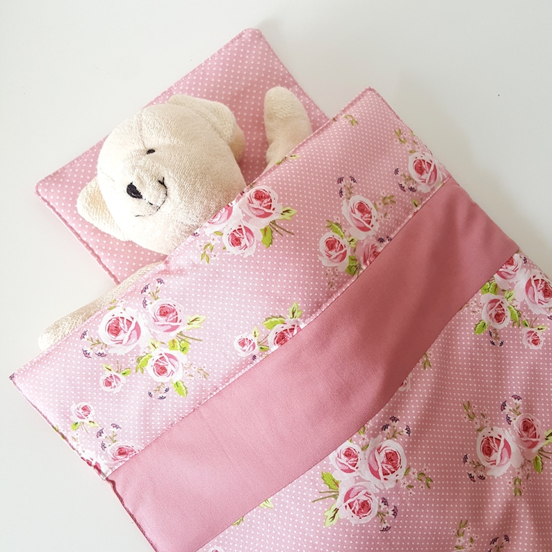 Dolls blanket and pillow for dolls pram with pink roses en Etsy