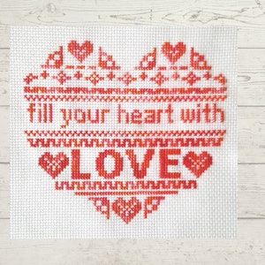 Cross stitch pattern, counted cross stitch chart, heart with Love and borders, in each color that you want