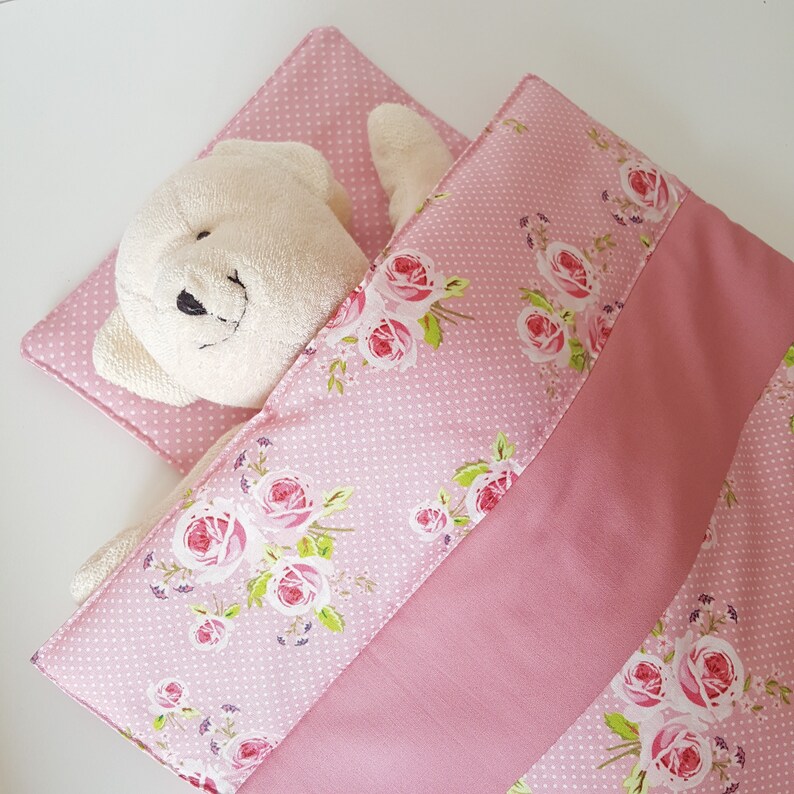 Dolls blanket and pillow for dolls pram with pink roses en Etsy