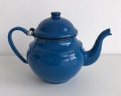 Vintage blue enamel teapot, tea pot for one, stove top metal teapot, French blue enamel, 07210500