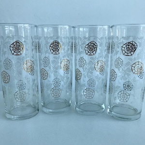 Vintage drinking glasses, set of 4 hi ball glasses, water tumblers, gold and white design 11200250
