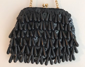 Vintage evening bag, formal purse, black faux jet beads, Victorian Goth style, black and gold, 01220100