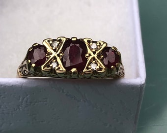 Vintage garnet and diamond ring, 9ct ring, Victorian style 7 stone ring, UK size T, 04230133