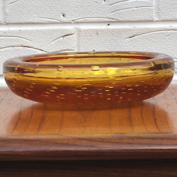 Vintage glass bowl, controlled bubble glass bowl, Whitefriars 9099, amber bullicante 8 inch bowl, 07210500