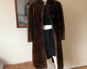 Vintage long fur coat, brown winter coat, 1960s genuine fur coat, fitted style leather trimmed coat, 10192500