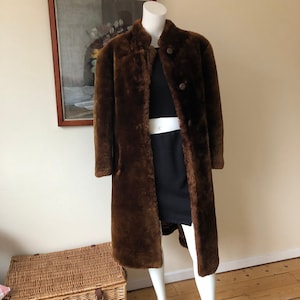 Vintage long fur coat, brown winter coat, 1960s genuine fur coat, fitted style leather trimmed coat, 10192500