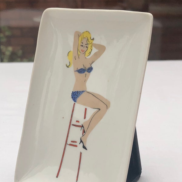 Vintage pin tray, trinket dish, French pinup girl, sexy pin up, Limoges porcelain dish, 1950s pin up girl, 11220400