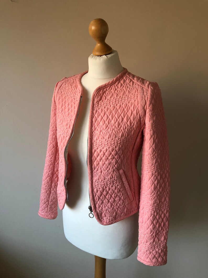 Vintage quilted jacket pink fitted jacket zipper zip detailing sport luxe UK 8-10 1980s 1990s style salmon pink Stradivarius 11190200