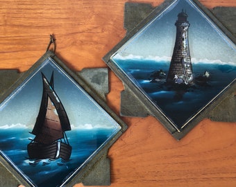 Vintage Crystal Malerei, holländische Malerei, hintermalte Glasscheiben, handgemalte Seelandschaften, Leuchtturm, Schiff 08201610