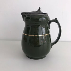 Vintage jug vase, Art Nouveau, 19th century green jug, pewter lid, Jackfield Pottery, Victorian English pottery, 09210200