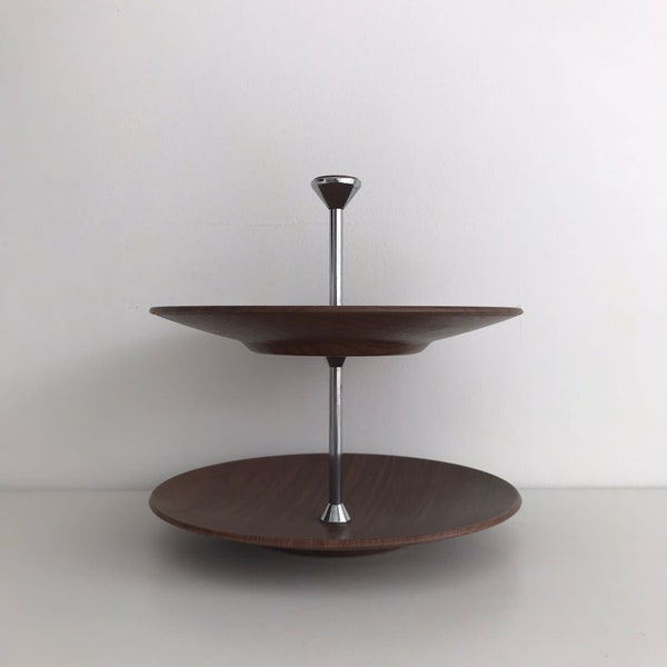 Vintage cake stand, wood effect metal, two tier cake display, display stand, 1960s 1970s, 08210450