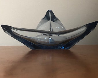 Vintage Murano style ashtray, folded blue glass ashtray, ring dish, mid century hand made glass, 02220200