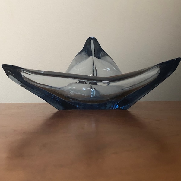 Vintage Murano style ashtray, folded blue glass ashtray, ring dish, mid century hand made glass, 02220200