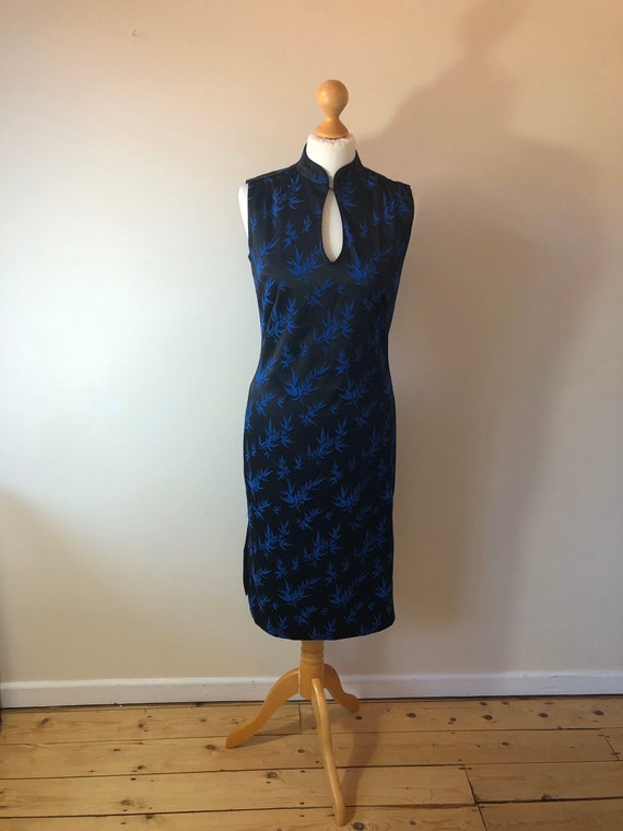 Vintage cheongsam dress, blue Chinoiserie dress, … - image 1