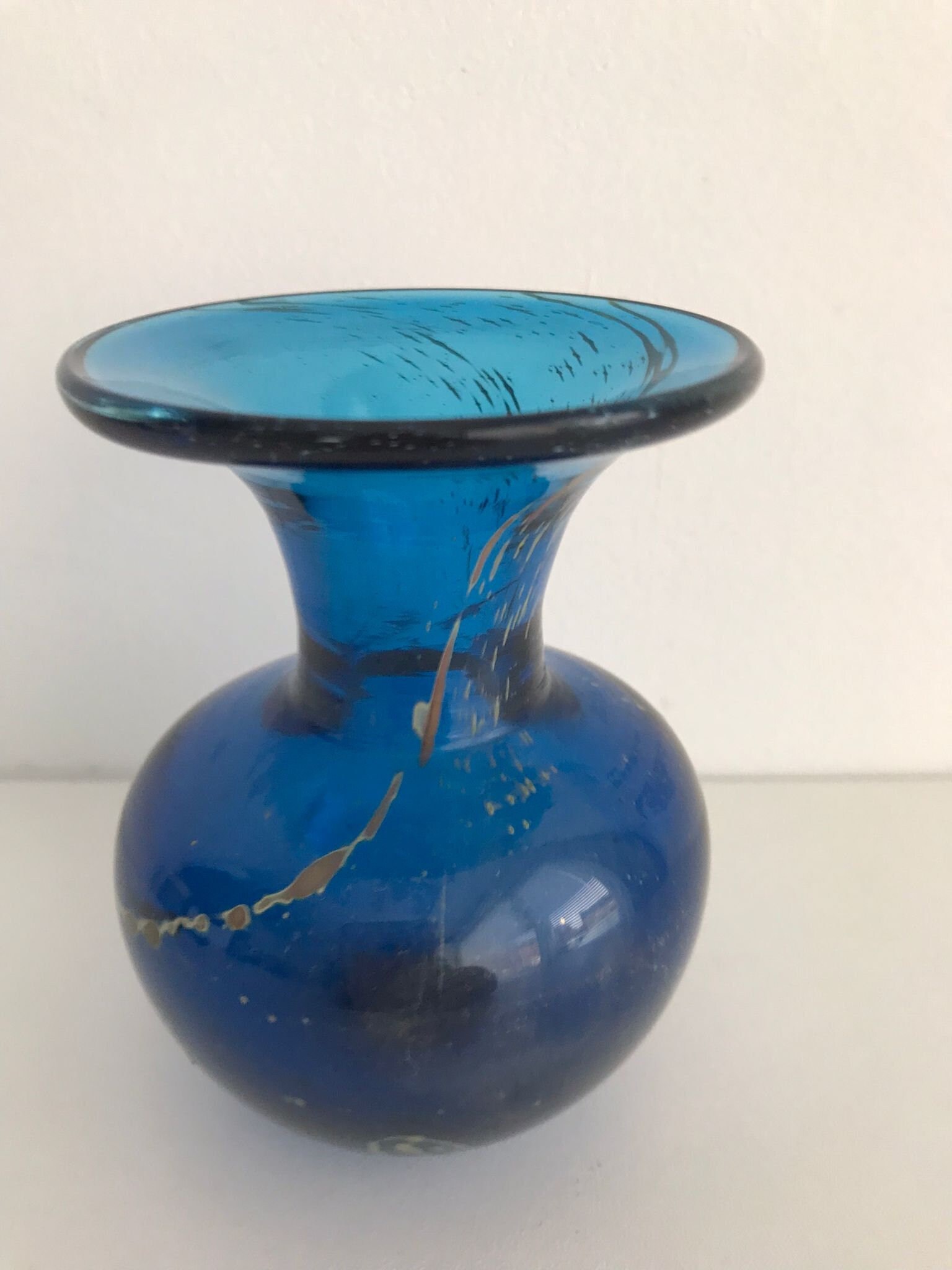 Vintage Mdina Glass Vase, Teal Turquoise Blue, Signed Art