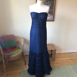 Vintage midnight blue dress, form fitting evening dress, blue strapless gown, vintage 90s prom evening gown, UK 12 US 8, 05230500