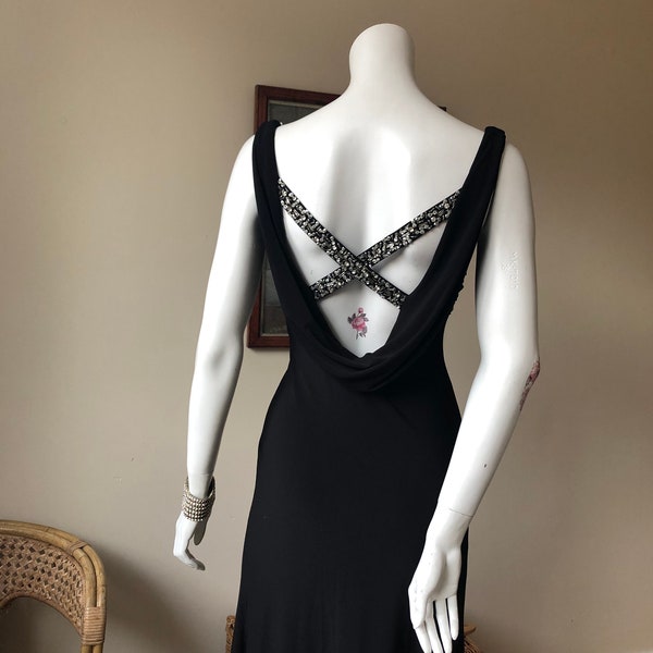 Vintage evening dress, 1990s prom evening dress, backless dress,  black slinky dress, 02230500