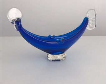 Vintage Murano glass bowl, large gondola ashtray, cobalt blue and clear glass, mid century hand made Venetian glass, 04220100