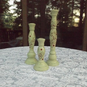 Lot set of 3 wooden candle holders with berry pattern .12&quot;H , 9 1/4&quot;H, 6 1/4&quot;H. Library.  Mantle decor. Gift idea