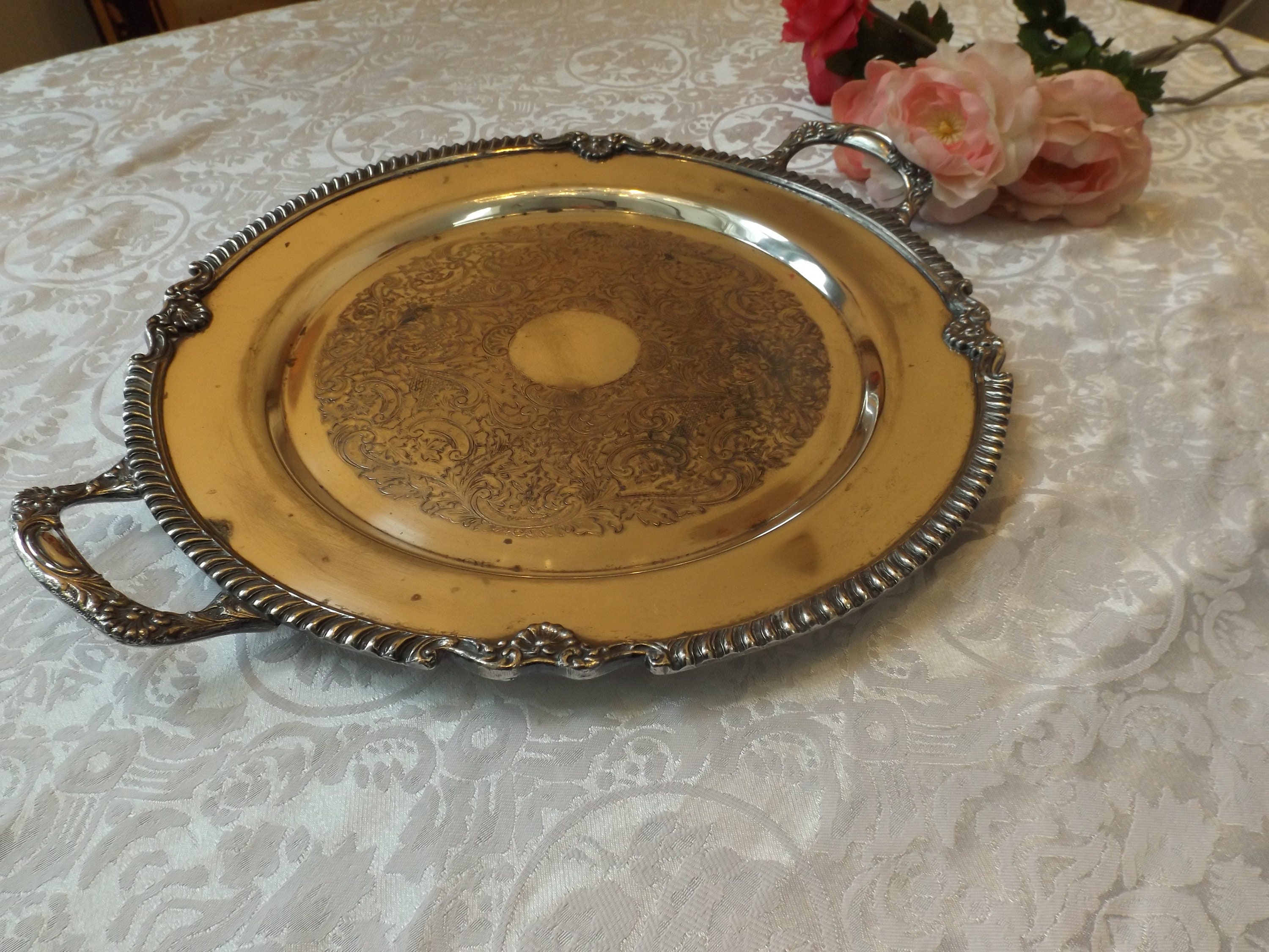 14.5 Antique National silver on copper round large tray Etsy