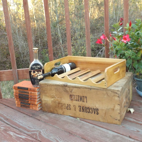 Sale Wooden wine rack with handles : vintage , Holds 5 wine bottles.19 1/4"L x 11 1/4"W x 4.5" H.Home decor. Serving.