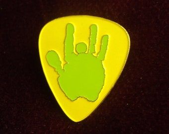 GLOWS in the DARK~ Grateful Dead Guitar Pick Shape Yellow-Green Enamel Hat Pin