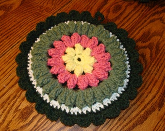 Trivet: Round Crochet Pink Flower