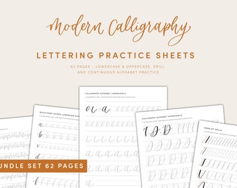 Modern Calligraphy Lettering Workbook Practice Sheets - Digital Download With Drills, Lowercase & Uppercase PLUS Jpegs for Procreate