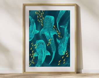 May include: A framed print of a teal blue whale shark with white spots swimming in a dark blue ocean. The whale shark is surrounded by smaller yellow fish. The print is framed in a light wood frame.