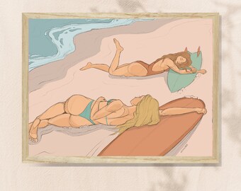 May include: Art print of two people relaxing on a beach. One person is wearing a brown swimsuit and resting on a teal surfboard. The other person is wearing a teal bikini and resting on a brown surfboard. The background shows the ocean and sand.