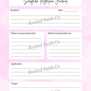 May include: A pink and white Scripture Reflection Journal with sections for scripture, date, and reflections. The journal includes prompts for personal application and prayer. The Rooted Faith Co logo is visible.