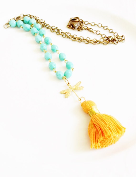 Items similar to Tassel Necklace, Beaded Necklace, Turquoise Necklace, Tassel Bead Necklace
