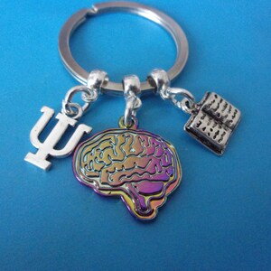 May include: A silver keyring with a rainbow brain charm, a silver book charm, and a silver Greek letter Psi charm.